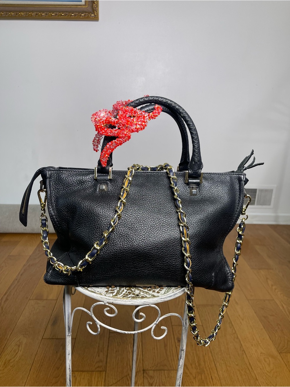 Rebecca Minkoff Black Leather Shoulder Bag with Gold Chain